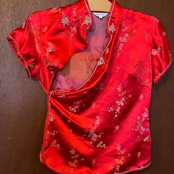 Red Traditional Chinese Women's Short Sleeve Blouse Mandarin Collar - Picture 3 of 6